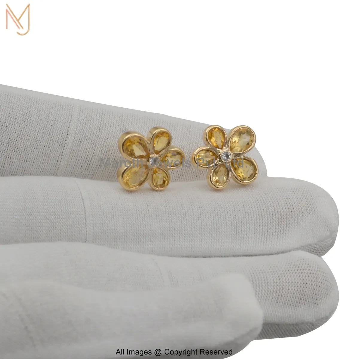 14K Yellow Gold Cubic Zircon Citrine Flower Stud Earring Jewelry Supplier