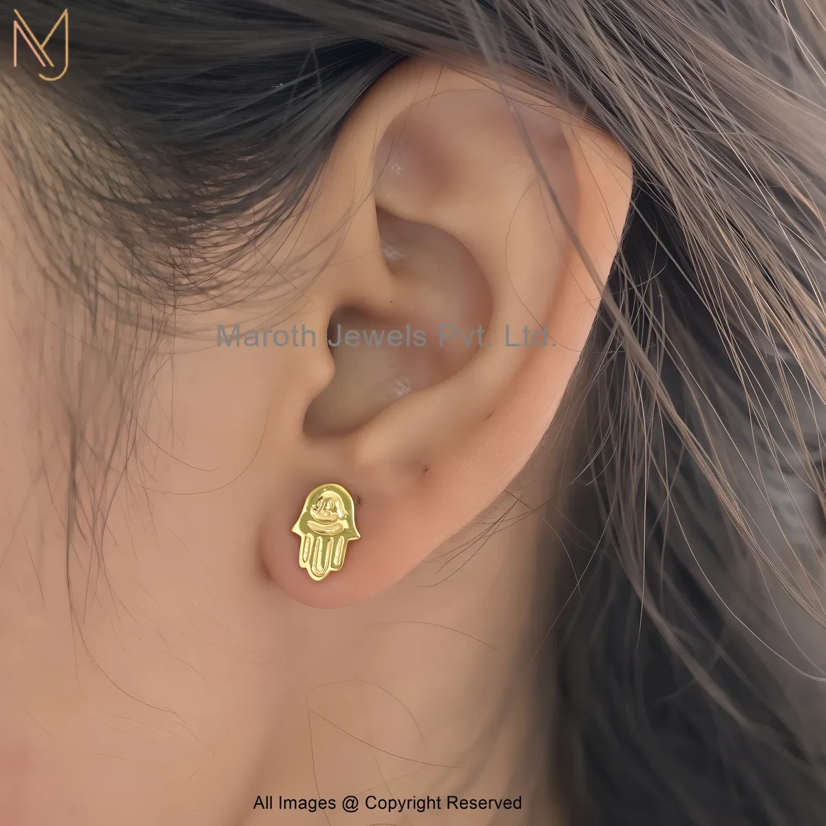 925 Silver Yellow Gold Plated Gold Hamsa Hand Stud Earring Jewelry Supplier