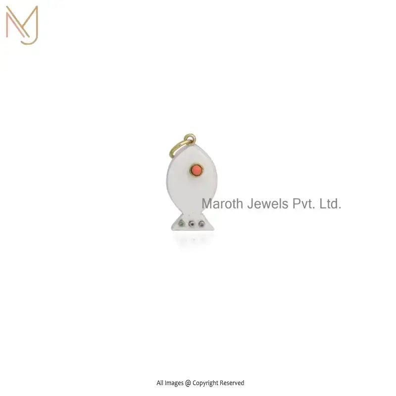 Private Lable 925 Silver Yellow Gold Plated Malachite & Turquoise & White CZ Fish Gemstone Pendant