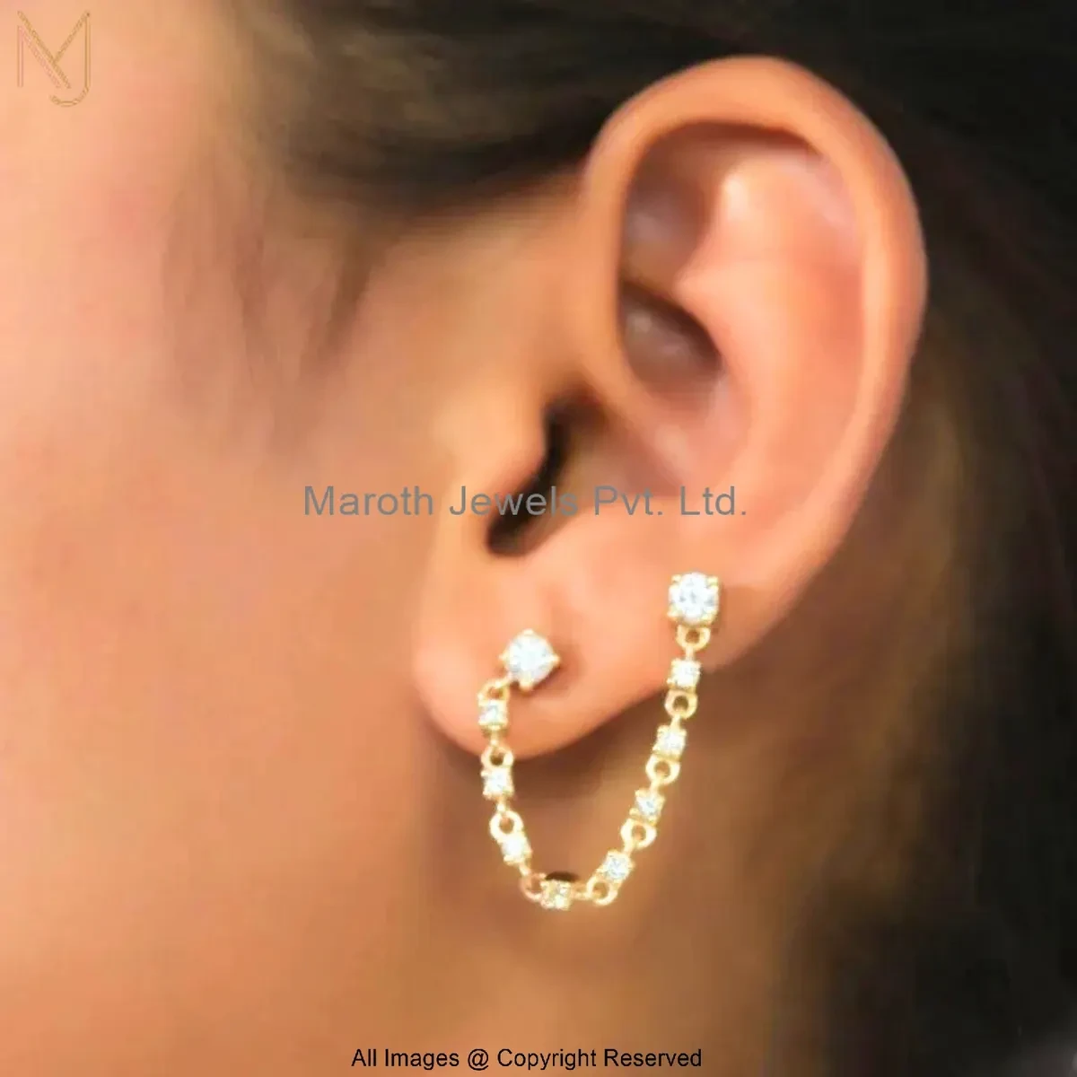 14K Yellow Gold Moissanite Double Pierced Chain Stud Earrings Custom Jewelry