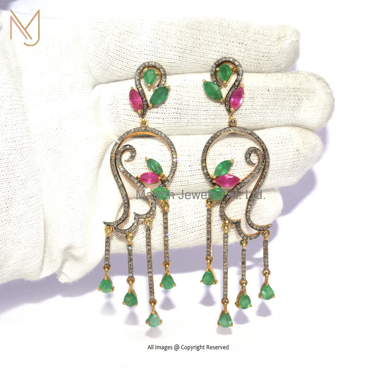 Wholesale 14K Yellow Gold Pave Dimaond , Ruby , Emerald , Designer Multi Gemstone Dangle Earring