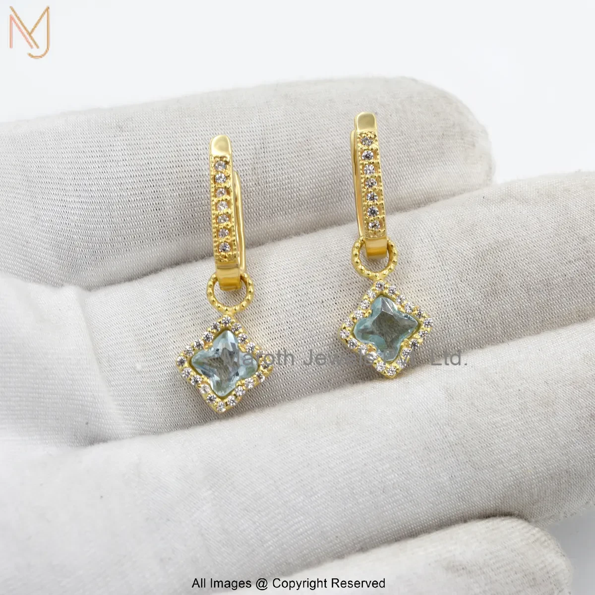 14K Yellow Gold Cubic Zircon Blue Topaz Gemstone Huggie Earring Manufacturer