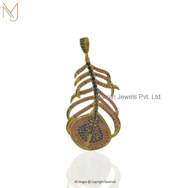 Private Lable 925 Silver Yellow Gold Plated Pink Sapphire & Blue Sapphire Cubic Zircon Peacock Feather Charm Pendant