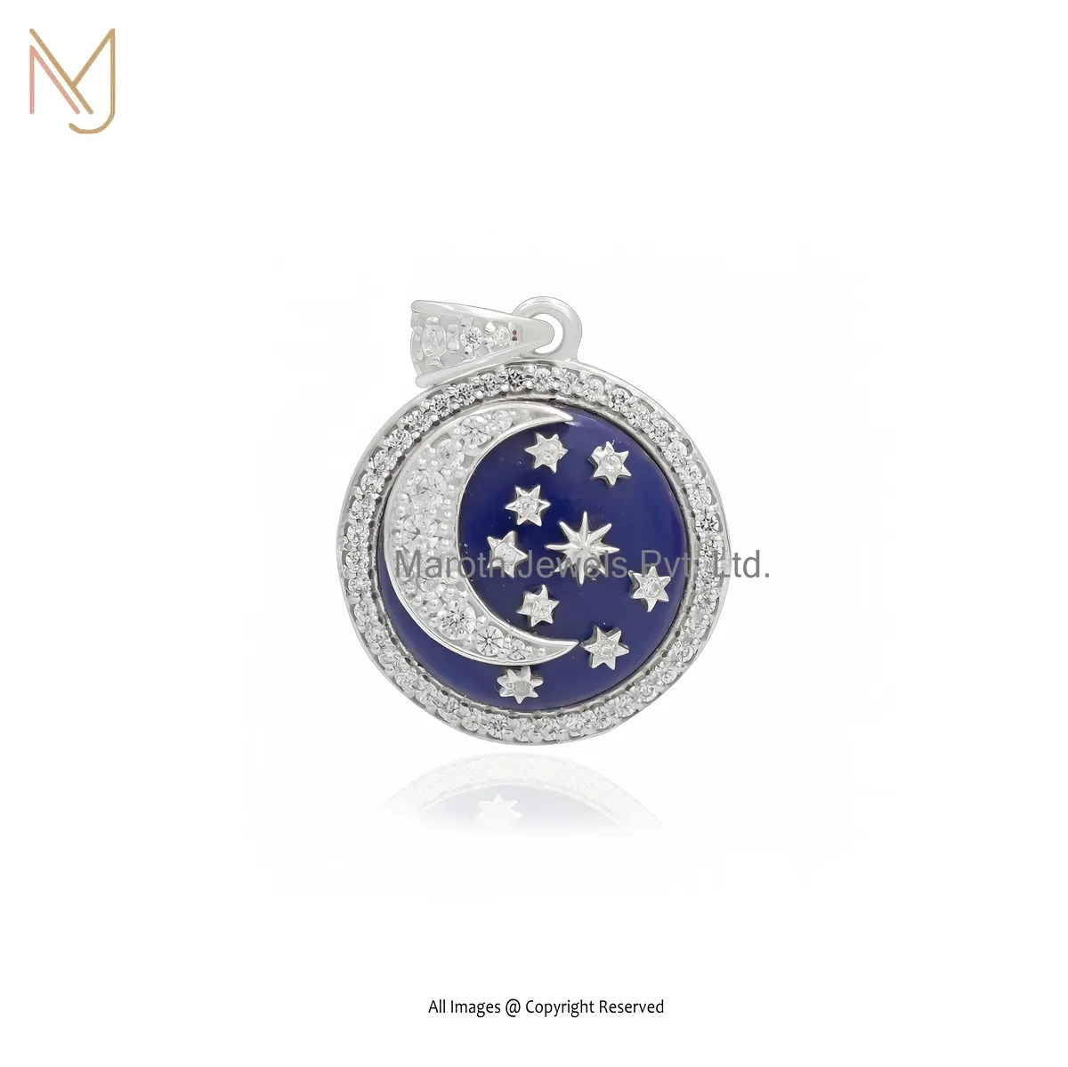 Wholesale 14K Yellow Gold Lapiz Lazuli Cubic Zircon Moon Disc Pendant