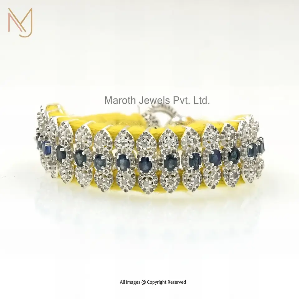 14K Yellow Gold Blue Sapphire & Diamond Gemstone Bracelet Jewelry Supplier