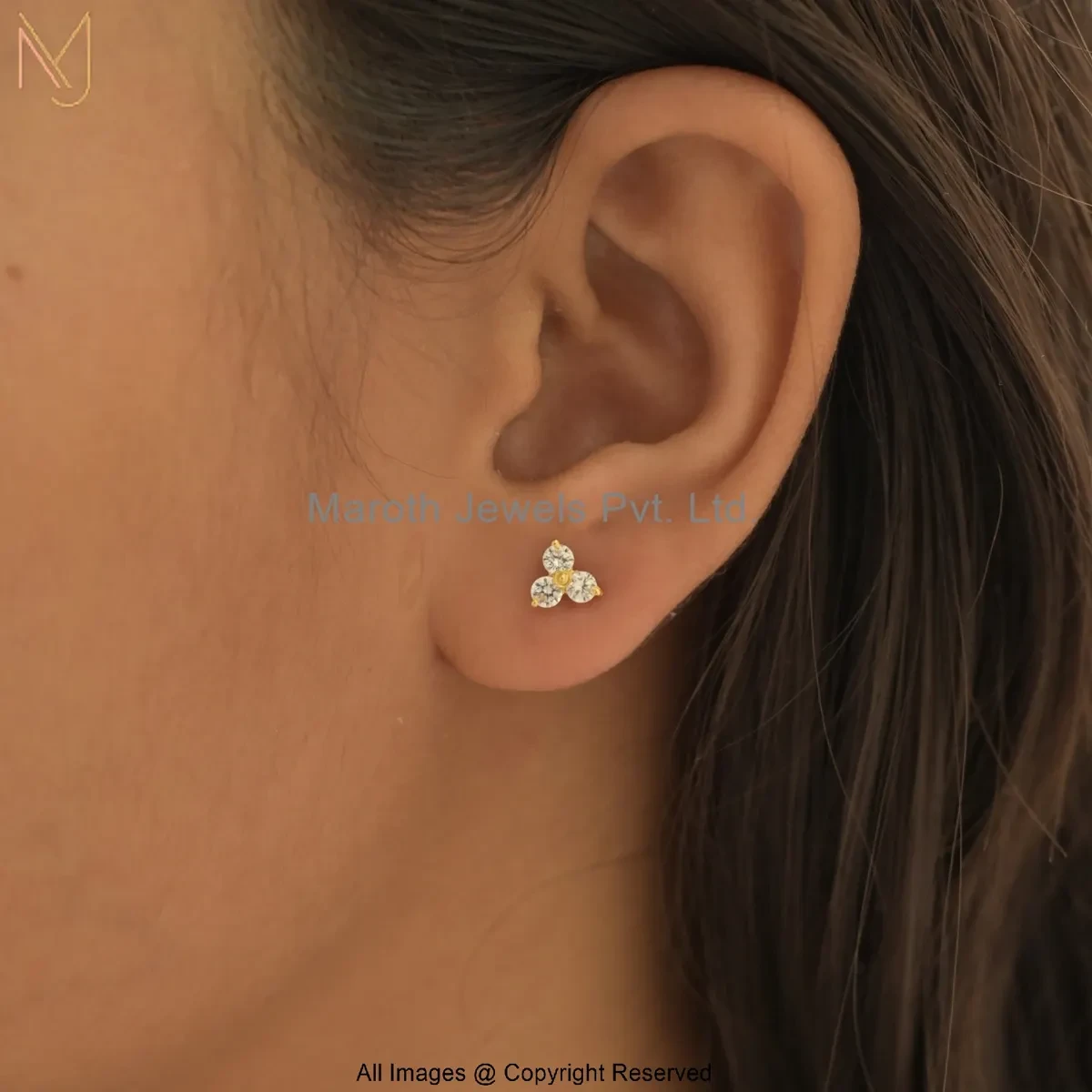 925 Silver Yellow Gold Plated Cubic Zircon Trinity Diamond Stud Earring Jewelry Supplier