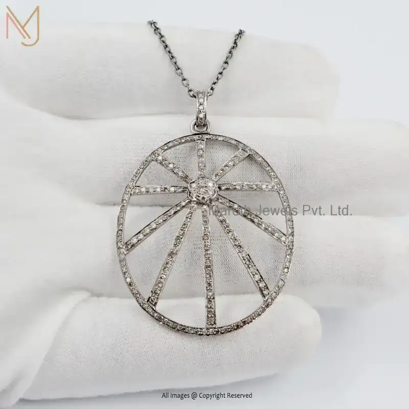 925 Silver Rhodium Plated Pave Diamond Chariot Wheel Pendant Jewelry Supplier