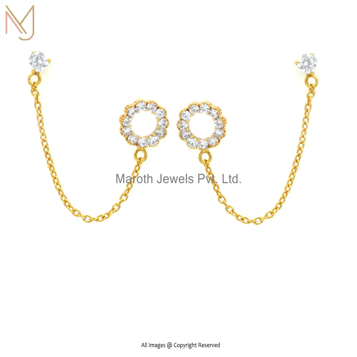 925 Sterling Silver Yellow Gold Plated Cubic Zircon Dainty Dangling Chain Earrings Manufacturer