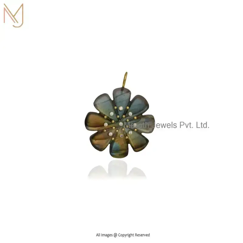 Private Lable 14K Yellow Gold Moonstone And White Cubic Zircon Flower Charm Gemstone Pendant
