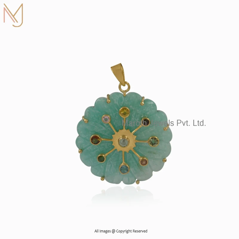 14K Yellow Gold Amazonite & Multi Gemstone Flower Pendant Custom Jewelry