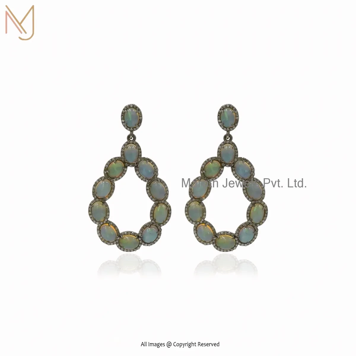 Private Lable 925 Silver Yellow Gold Plated Dimaond And Opal Gemstone Designer Drop Earring