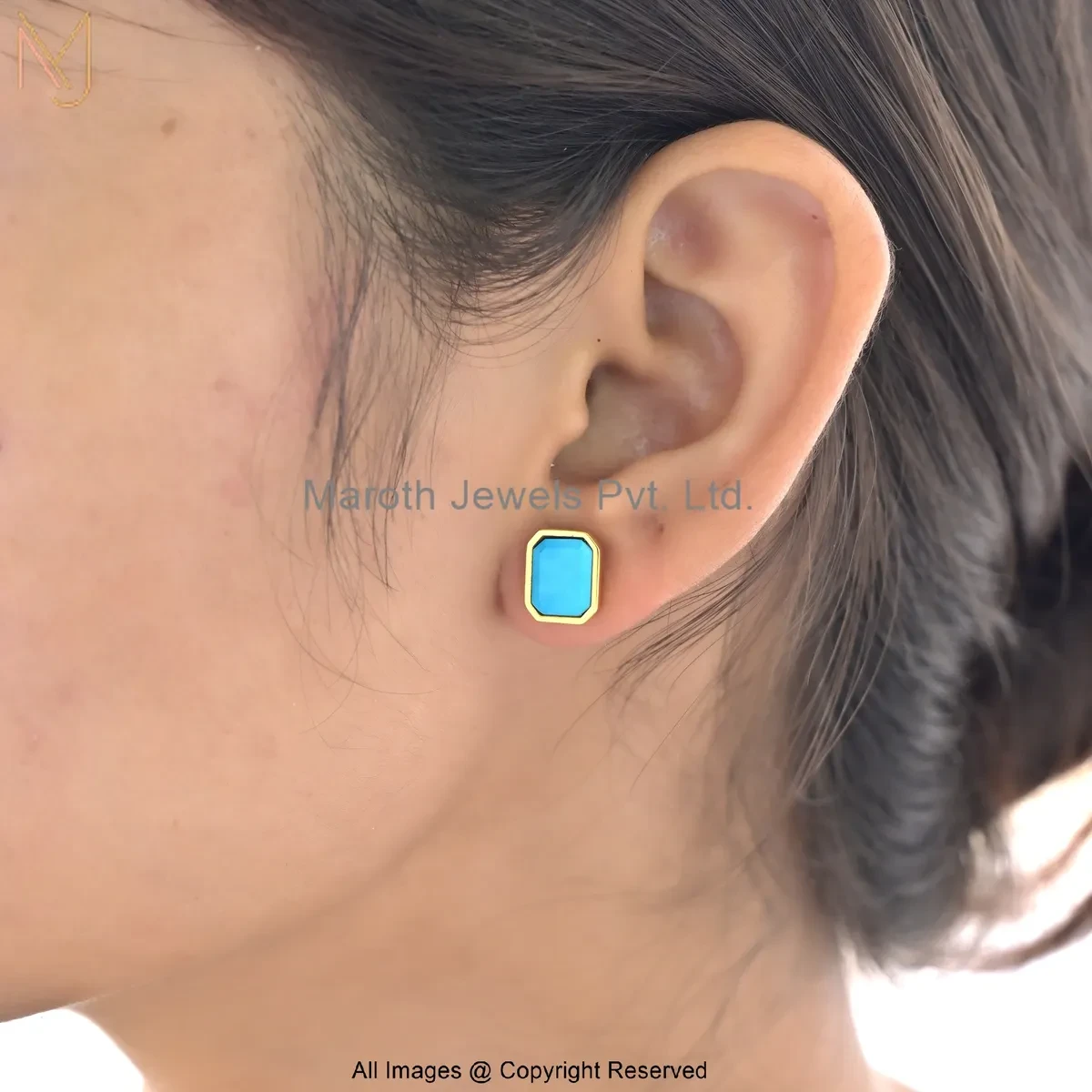 14K Yellow Gold Turquoise Octagon Stud Earrings Jewelry Supplier