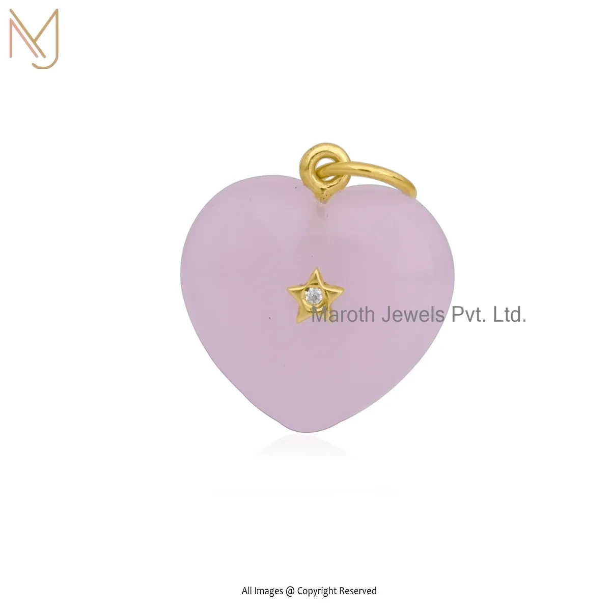 925 Silver Yellow Gold Plated Cubic Zircon & Rose Quartz Gemstone Heart Pendant Custom Jewelry