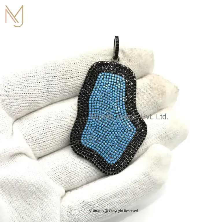 Wholesale 925 Silver Rhodium Plated Black Diamond And Turquoise Gemstone Uneven Shape Pendant