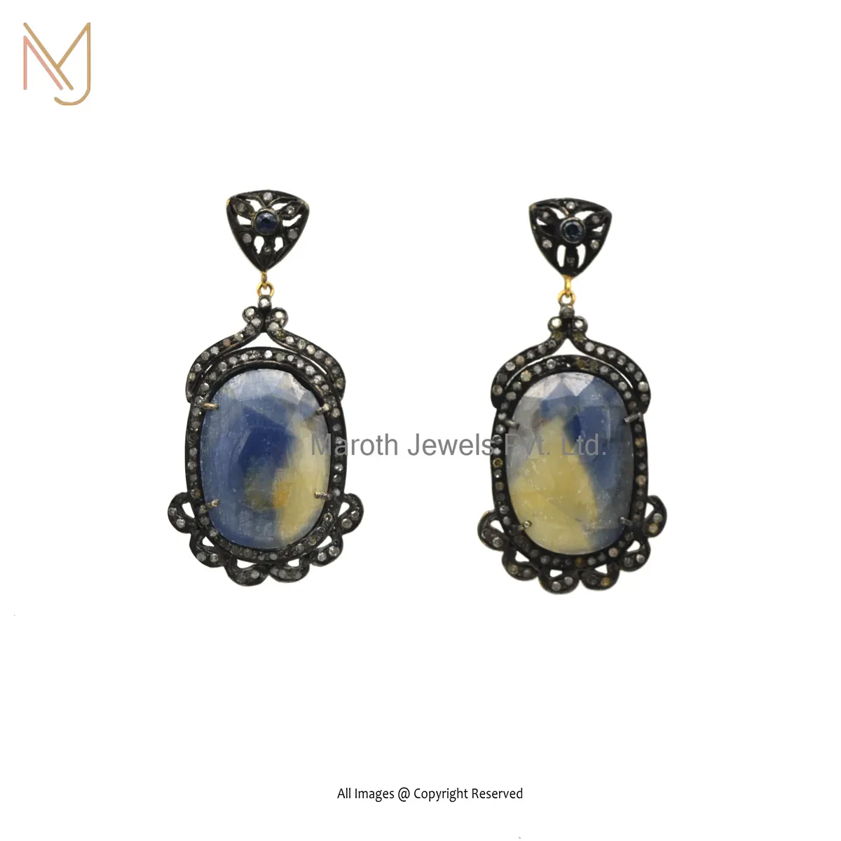 925 Silver Yellow Gold Plated Pave Diamond And Blue Sapphire Drop Earring Jewelry Supplier