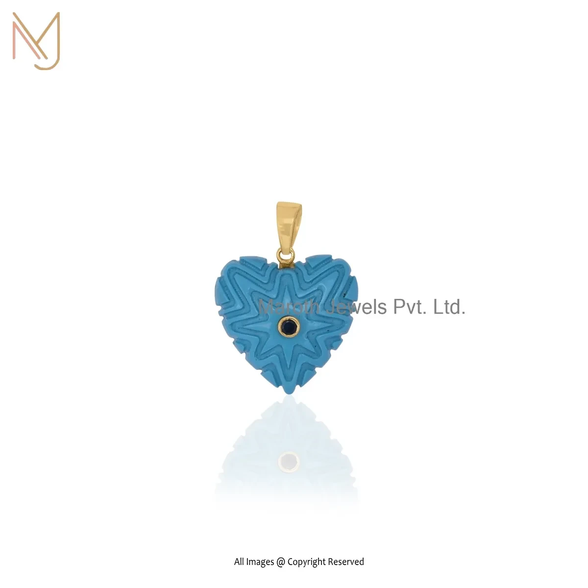 Wholesale 14K Yellow Gold Blue Cubic Zircon & Turquoise Gemstone Heart Pendant