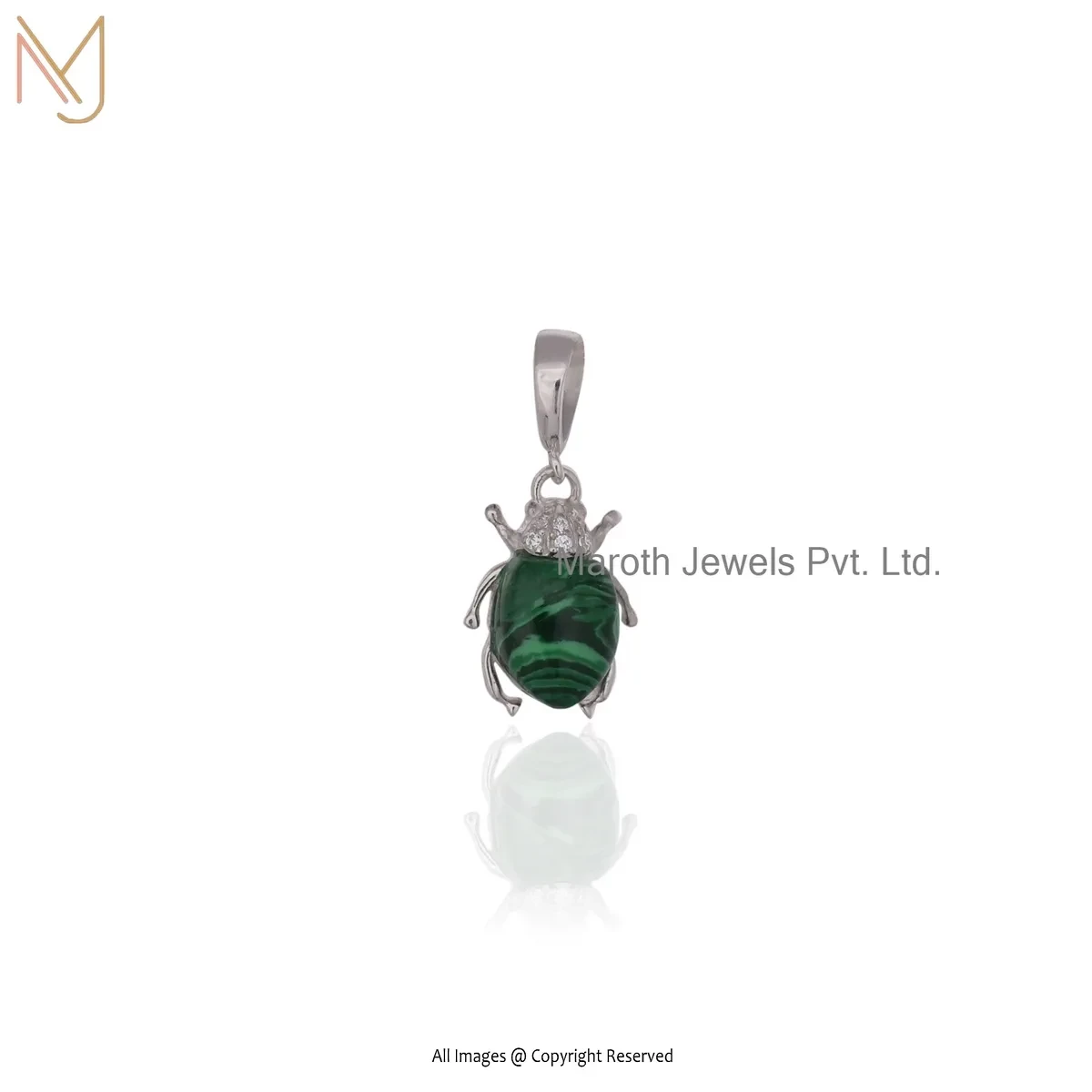 14K White Gold Cubic Zircon & Malachite Gemstone Pendant Jewelry Supplier