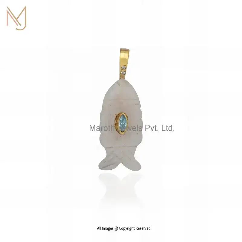 925 Sterling Silver Yellow Gold Plated Lapiz Lazuli And Yellow Tourmaline & White Cubic Zircon Fish Pendant USA