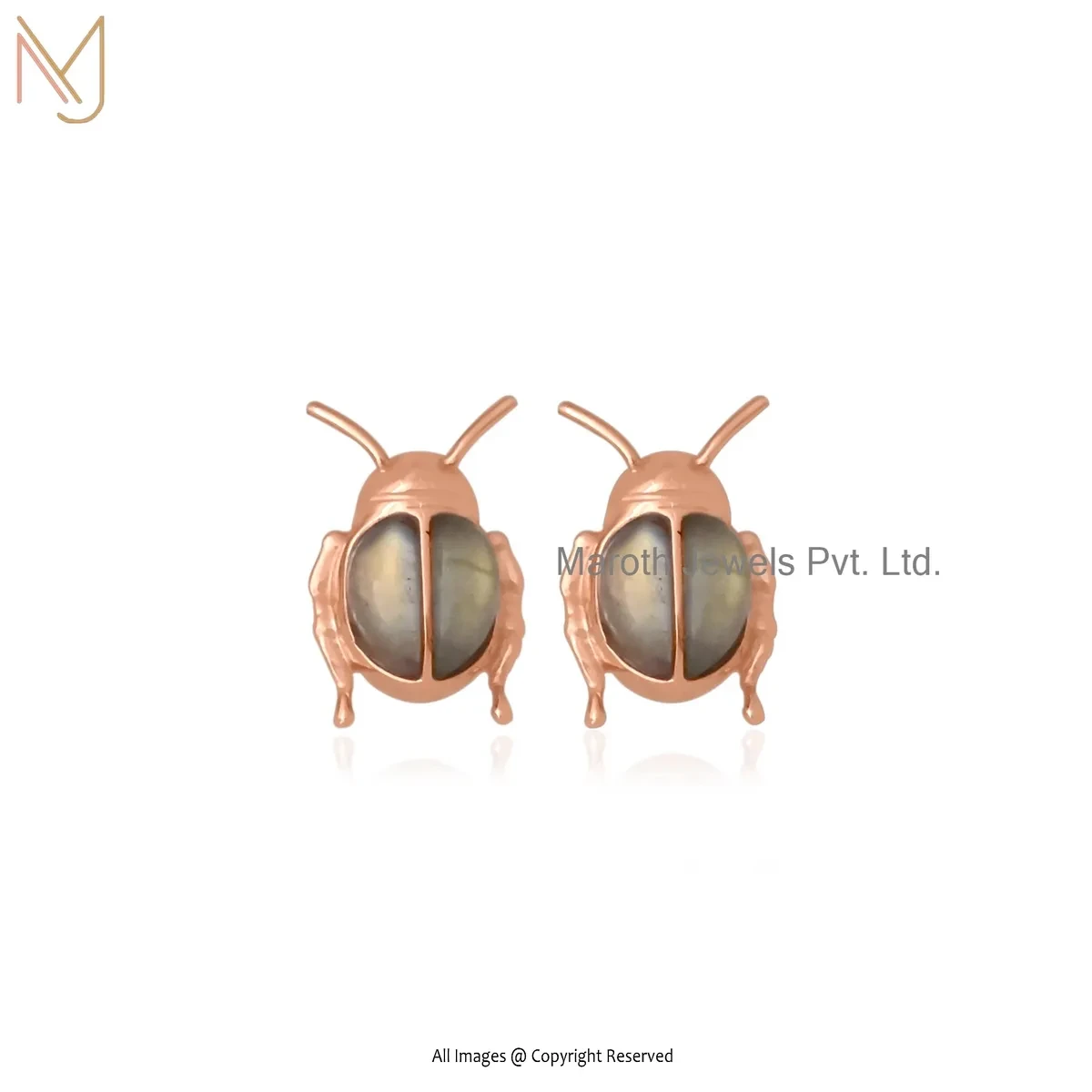925 Silver Yellow Gold Plated Labradorite Scarab Stud Earring Manufacturer