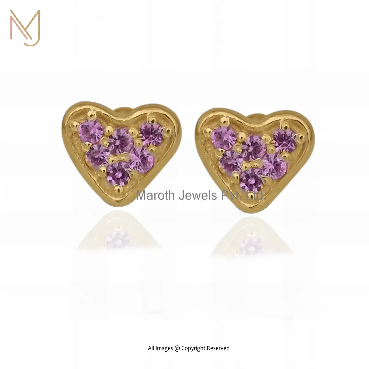 14K Yellow Gold Diamond Pink Sapphire Gemstone Heart Studs Earring USA