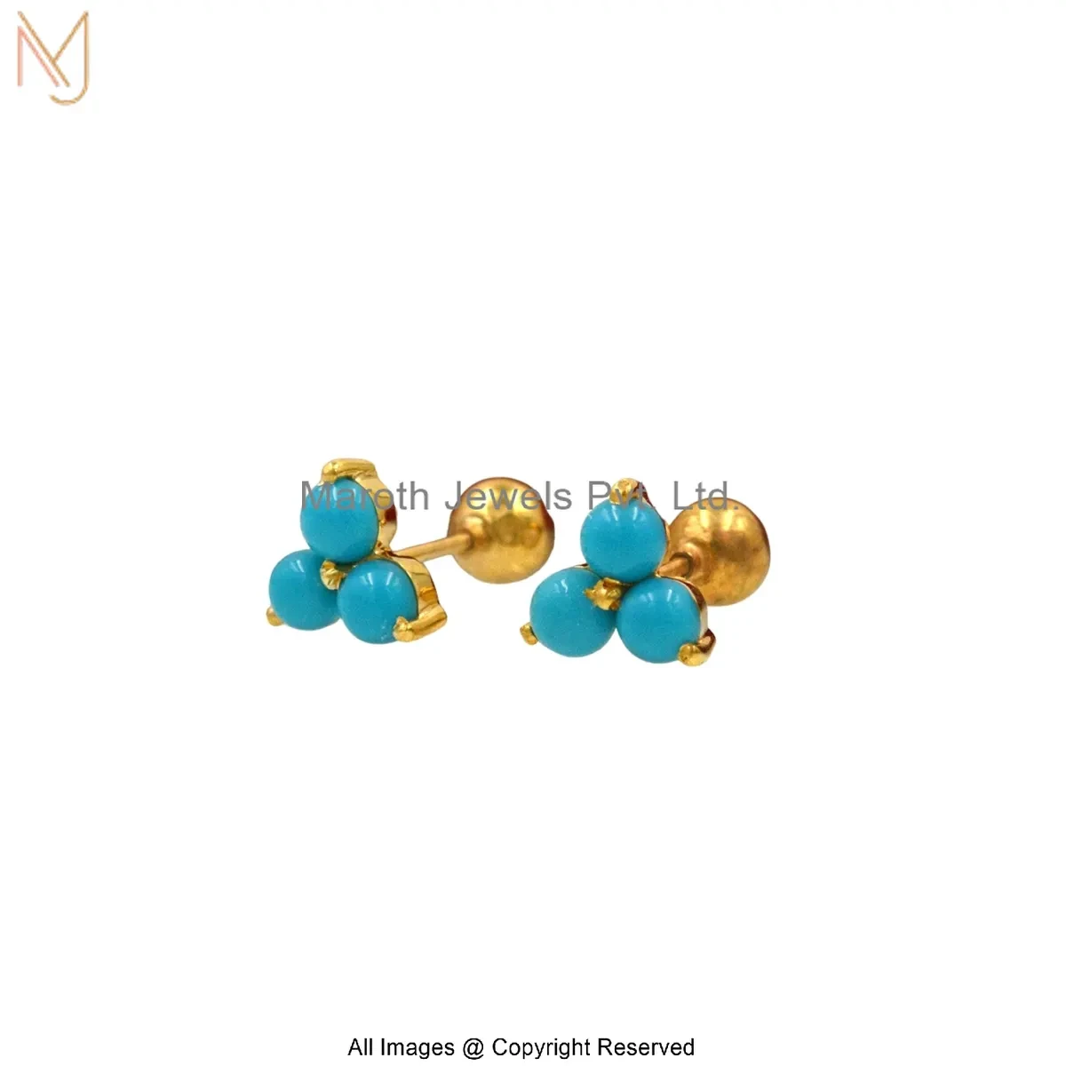 925 Silver Yellow Gold Plated Turquoise Trinity Stud Earrings Manufacturer