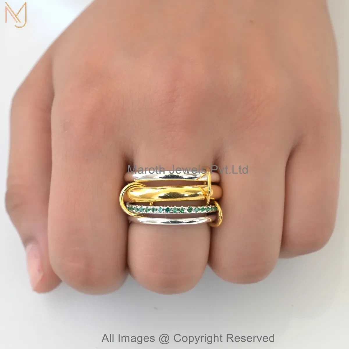 14K Yellow Gold Pave Diamond Cubic Zircon Gemstone Two Tone Multi Band Connector Ring USA