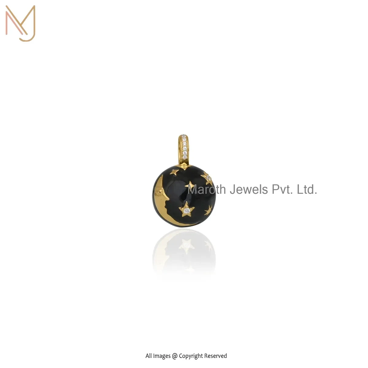 Wholesale 14K Yellow Gold Cubic Zircon & Black Enamel Half Moon Ball Pendant