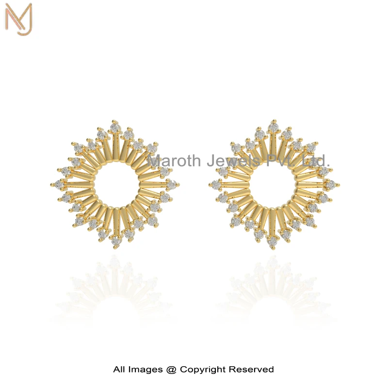 925 Silver Yellow Gold Plated Diamond Cubic Zircon Sunburst Stud Earring Jewelry Supplier