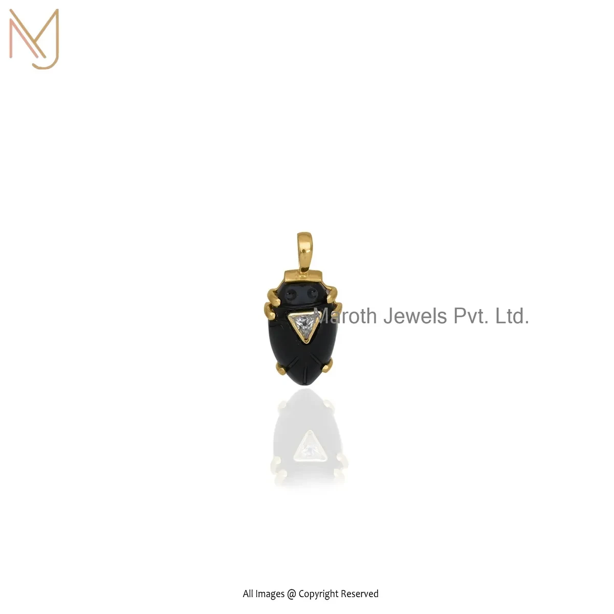 14K Yellow Gold Cubic Zircon & Labradorite Gemstone Scarab Pendant USA