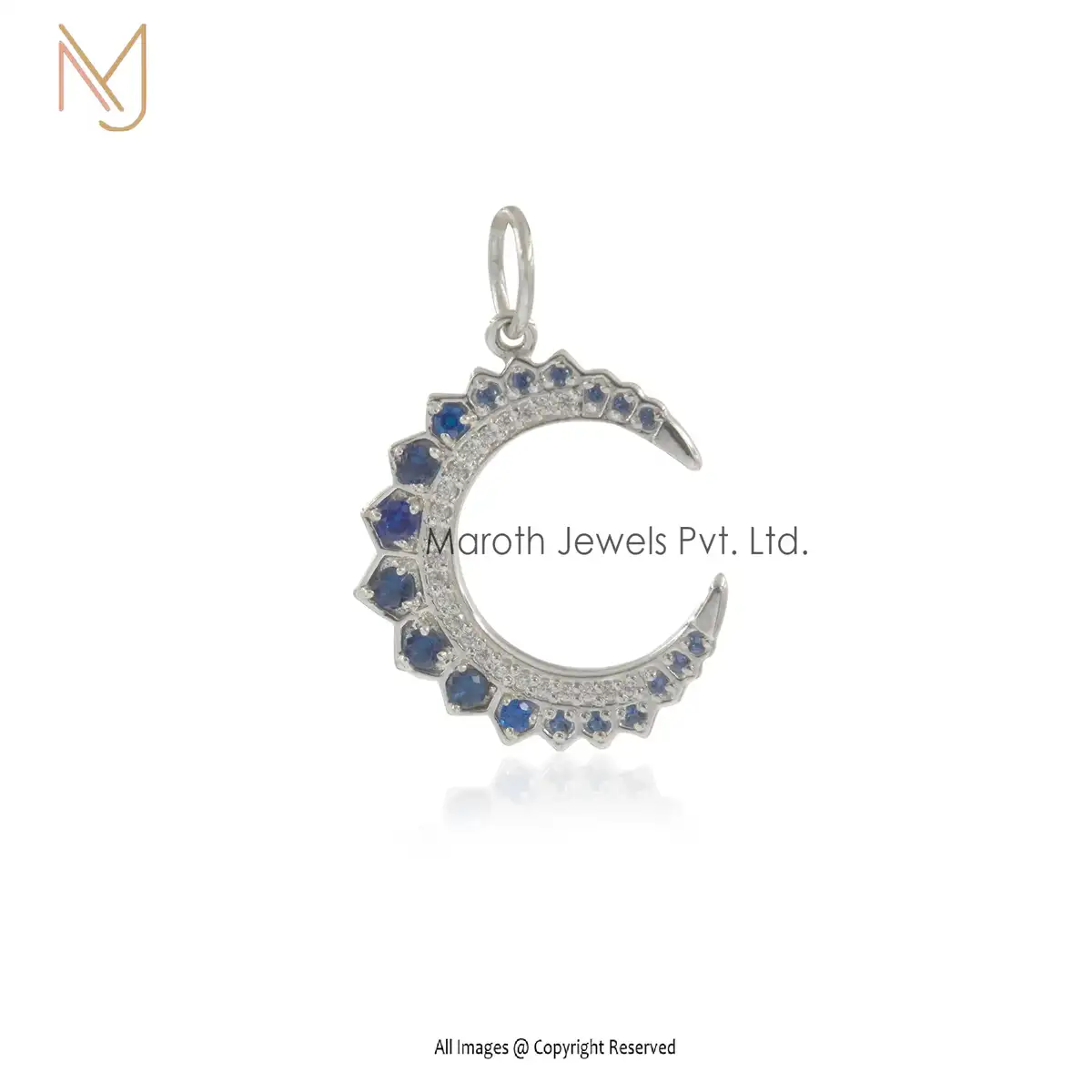 925 Silver Natrural Silver CZ & Blue Sapphire Moissanite Crescent Moon Pendant USA