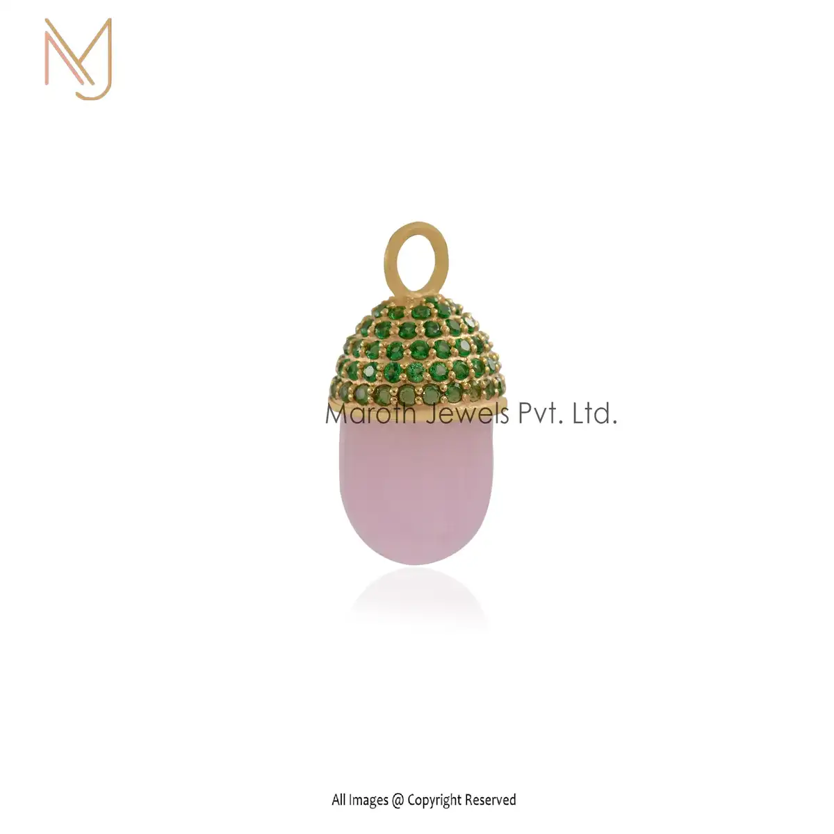 Wholesale 14K Yellow Gold Rose Quartz & Green CZ Pill Charm Pendant Jewelry