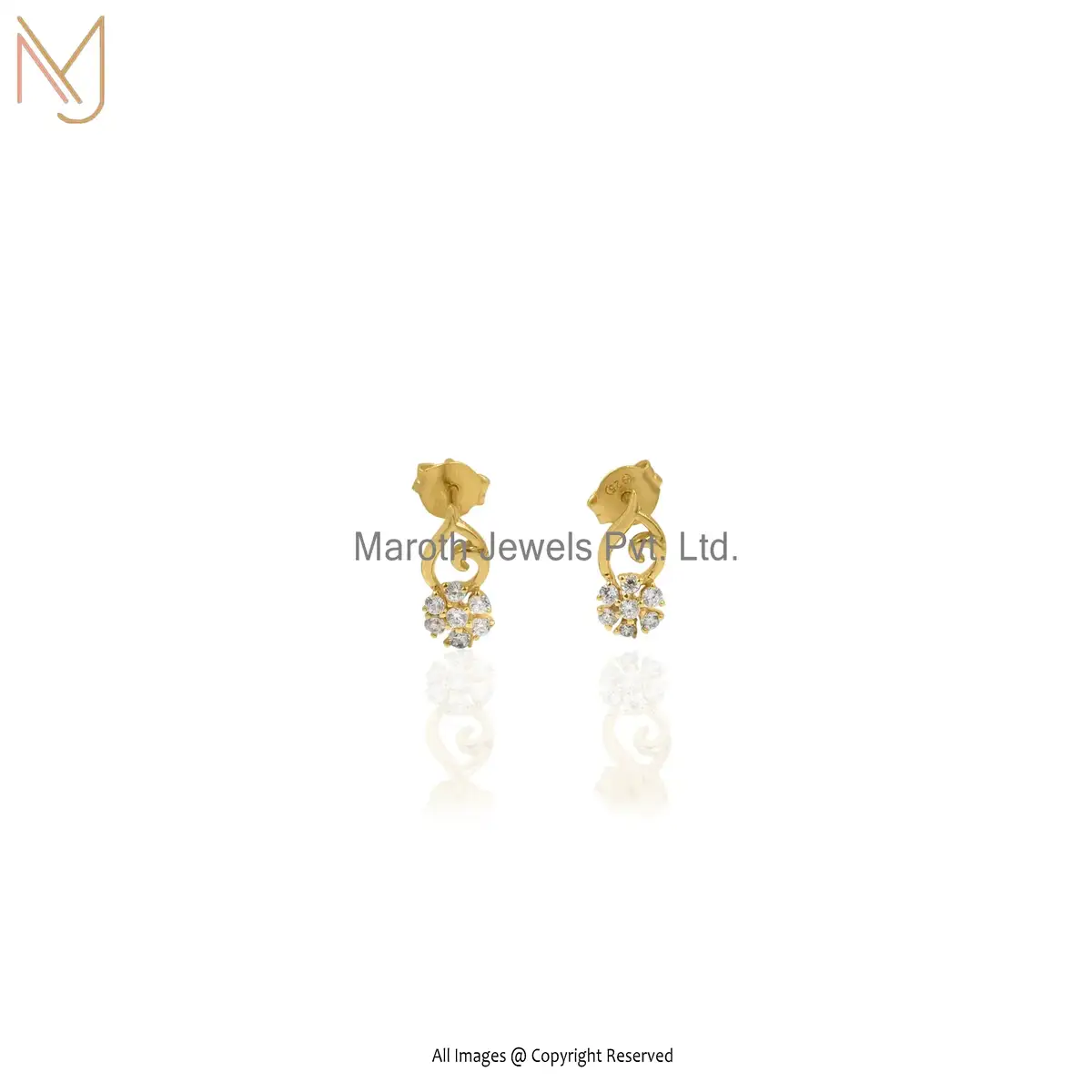 925 Silver Yellow Gold Plated Cubic Zircon Floral Design Drop Earring Manufacturer