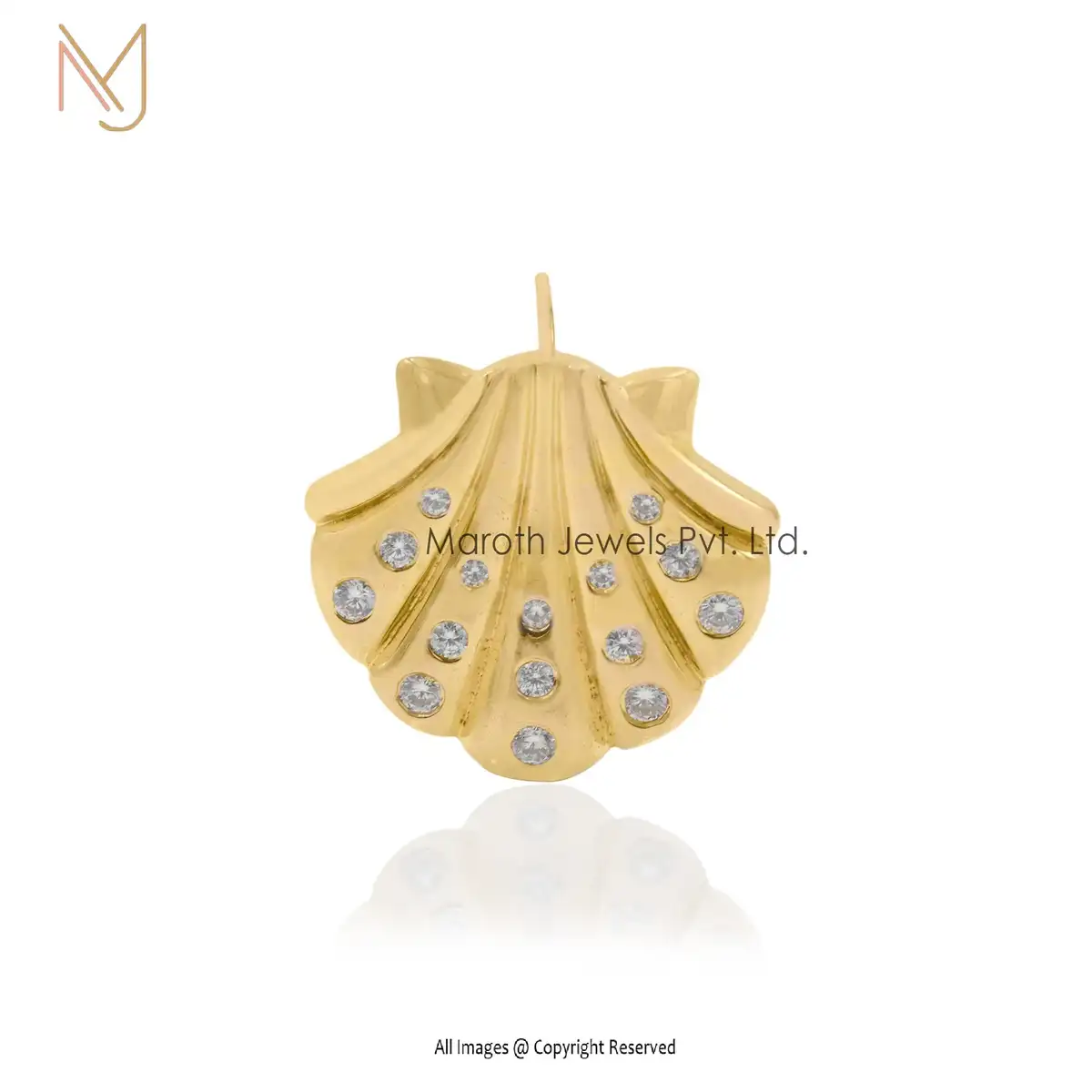 925 Sterling Silver Yellow Gold Plated White Cubic Zircoina Sea Shell Pendant USA