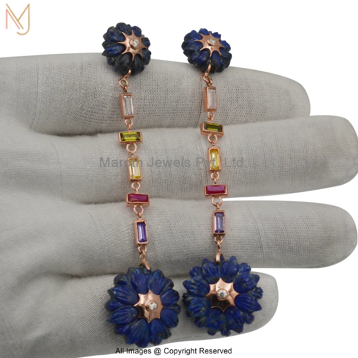 Private Lable 925 Silver Yellow Gold Plated Multi Cubic Zircon Neelkamal Bloom Gemstone Drop Earrings