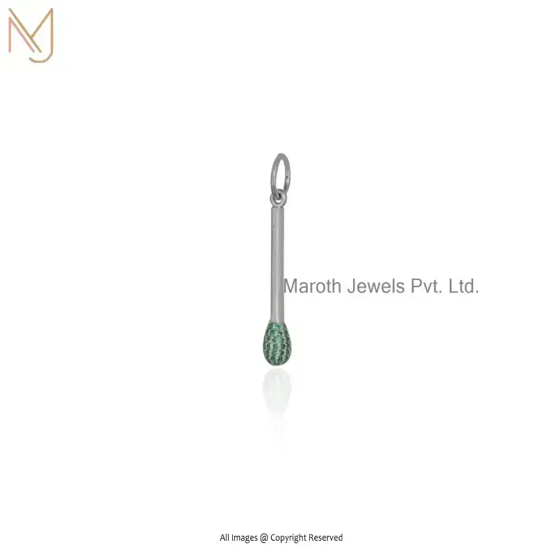 Wholesale 925 Silver Natural Silver Plated Match Stick Brush Finish Emerald Pill Pendant