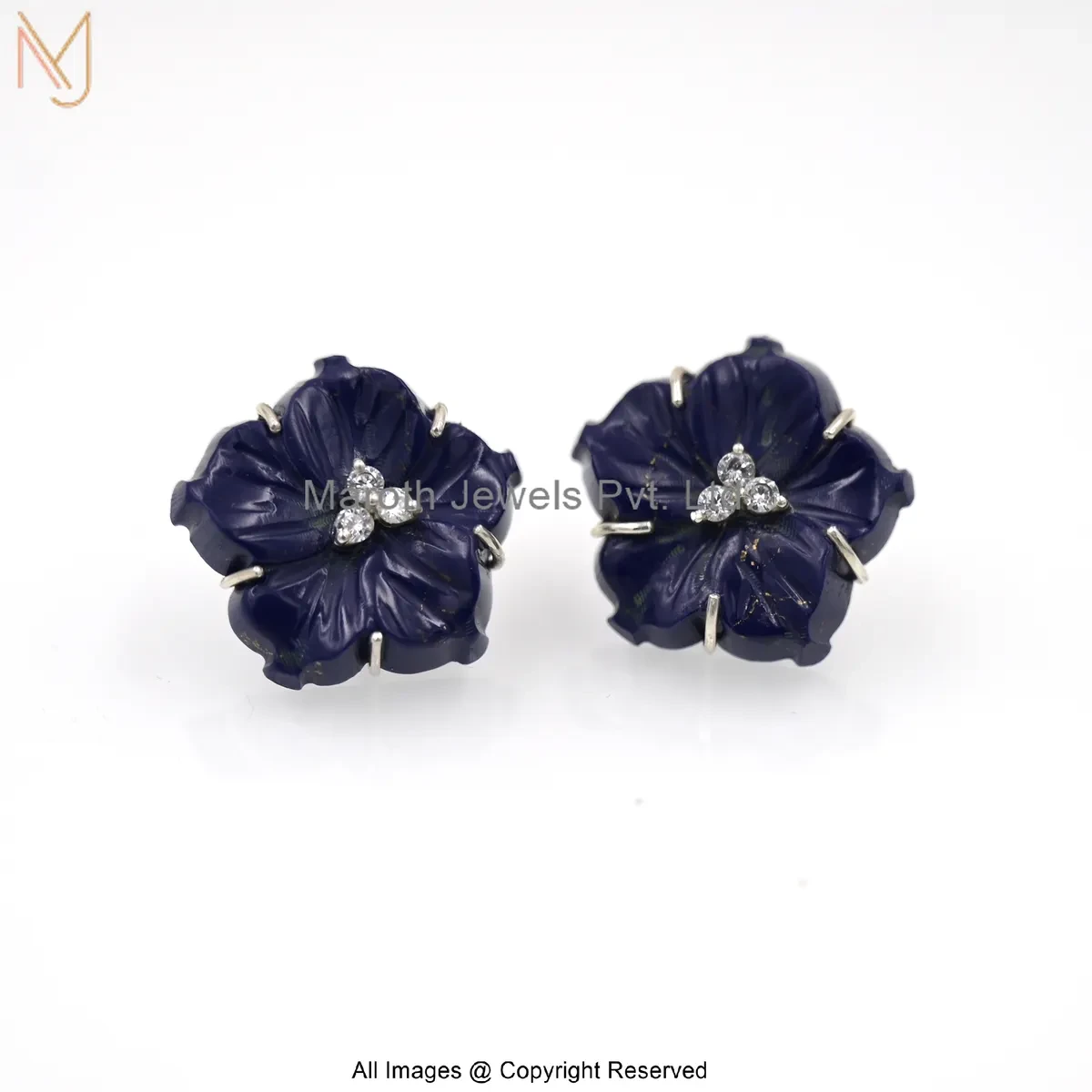 14K White Gold Cubic Zircon Lapiz Lazuli Carved Flower Stud Earring Manufacturer