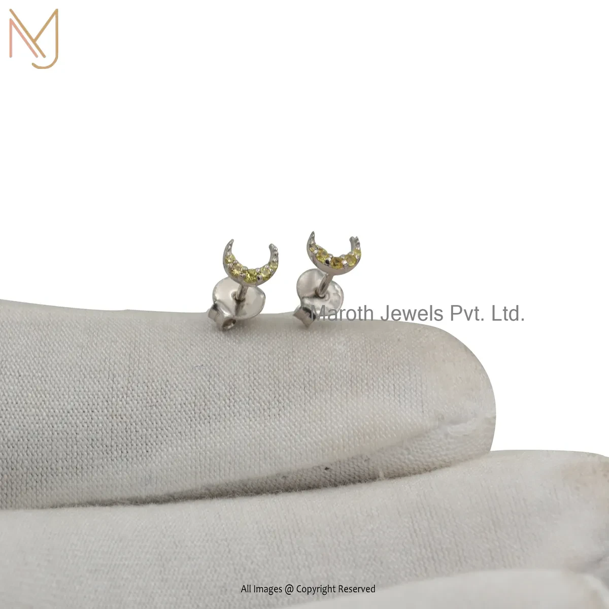 14K Yellow Gold Diamond Half Moon Stud Earring Custom Jewelry