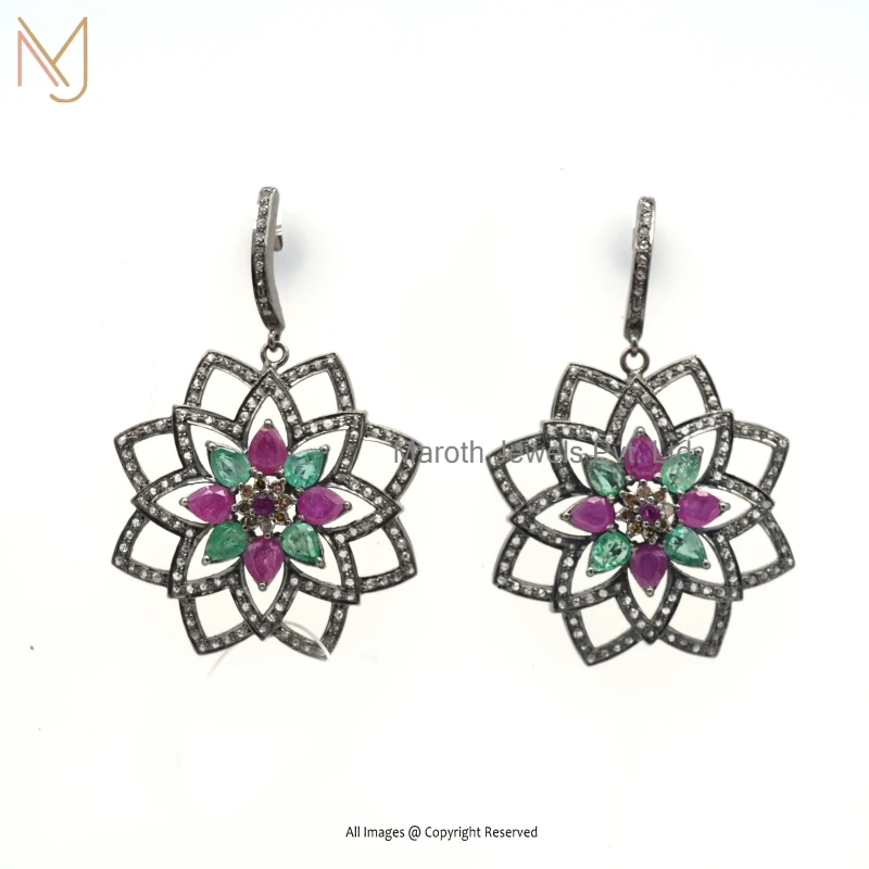 Private Lable 14K Yellow Gold Pave Diamond Emerald And Ruby Star Shape Earring