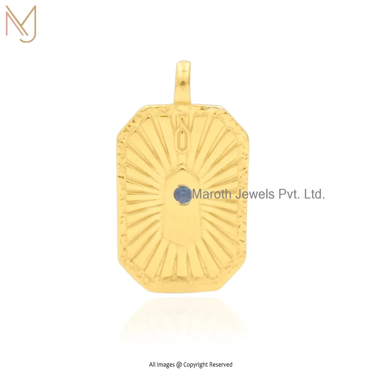 Private Lable 14K Yellow Gold Blue Sapphire Fluted Sacred Scapular Pendant