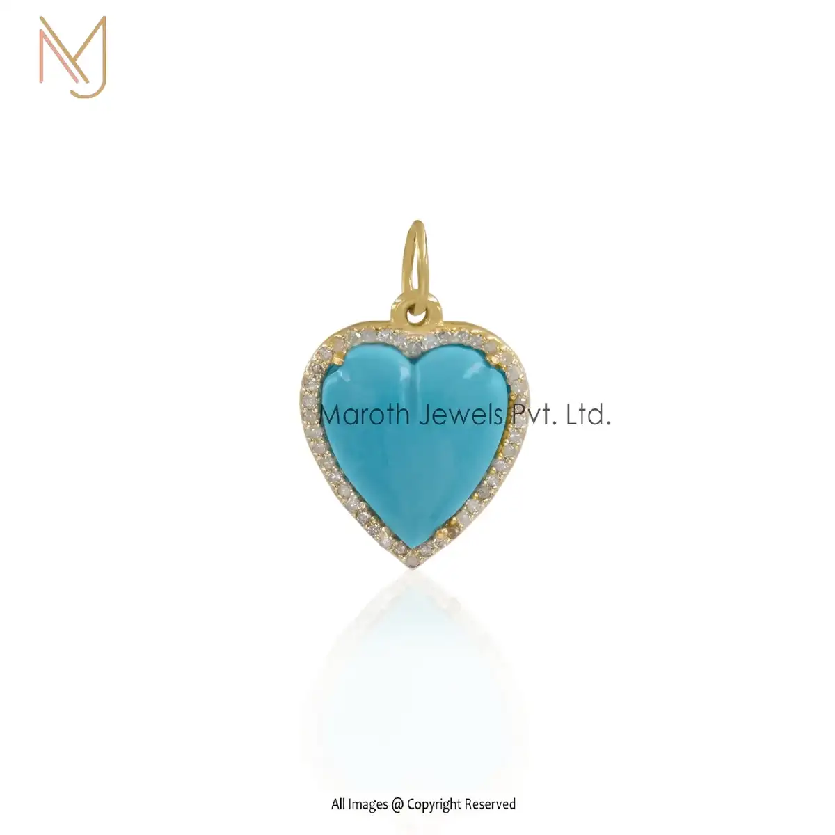 14K Yellow Gold Turquoise & Pave Diamond Heart Pendant Jewelry USA