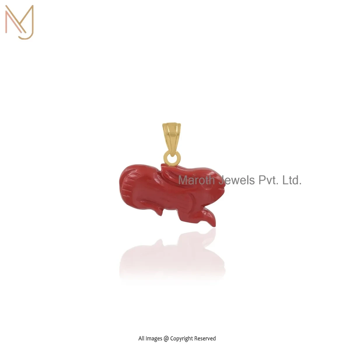 925 Silver Yellow Gold Plated Red Coral Gemstone Rat Charm Pendant Jewelry Supplier