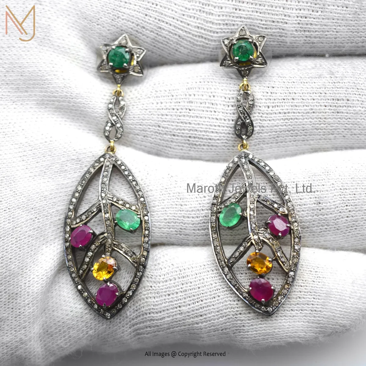 14K Yellow Gold Pave Diamond Multi Gemstone Teardrop Earring Manufacturer