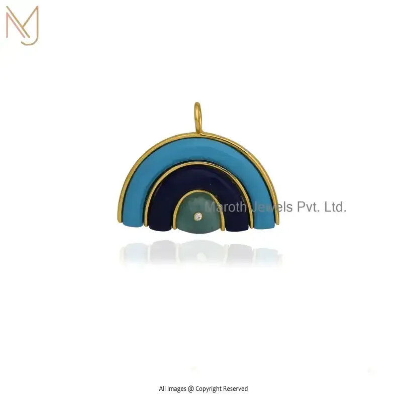 925 Silver Yellow Gold Plated Turquoise And Amazonite & Moissanite Rainbow Gemstone Pendant USA