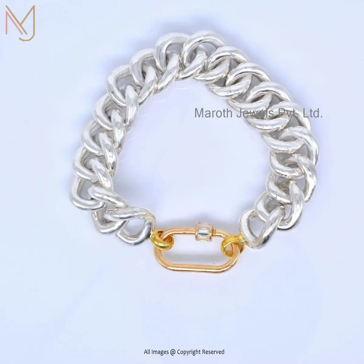 14K Yellow Gold & White Gold Chain Baguettes White Topaz Gemstone Carabiner Lock Bracelet Manufacturer