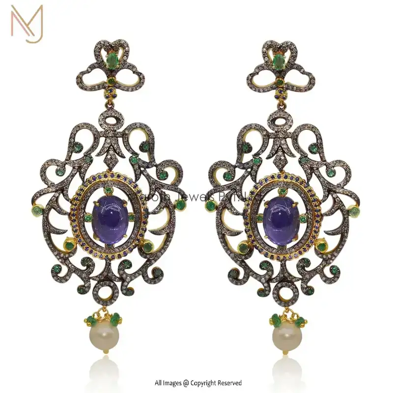 Wholesale 925 Silver Pave Diamond Emerald & Blue Sapphire Gemstone Pearl Jewelry