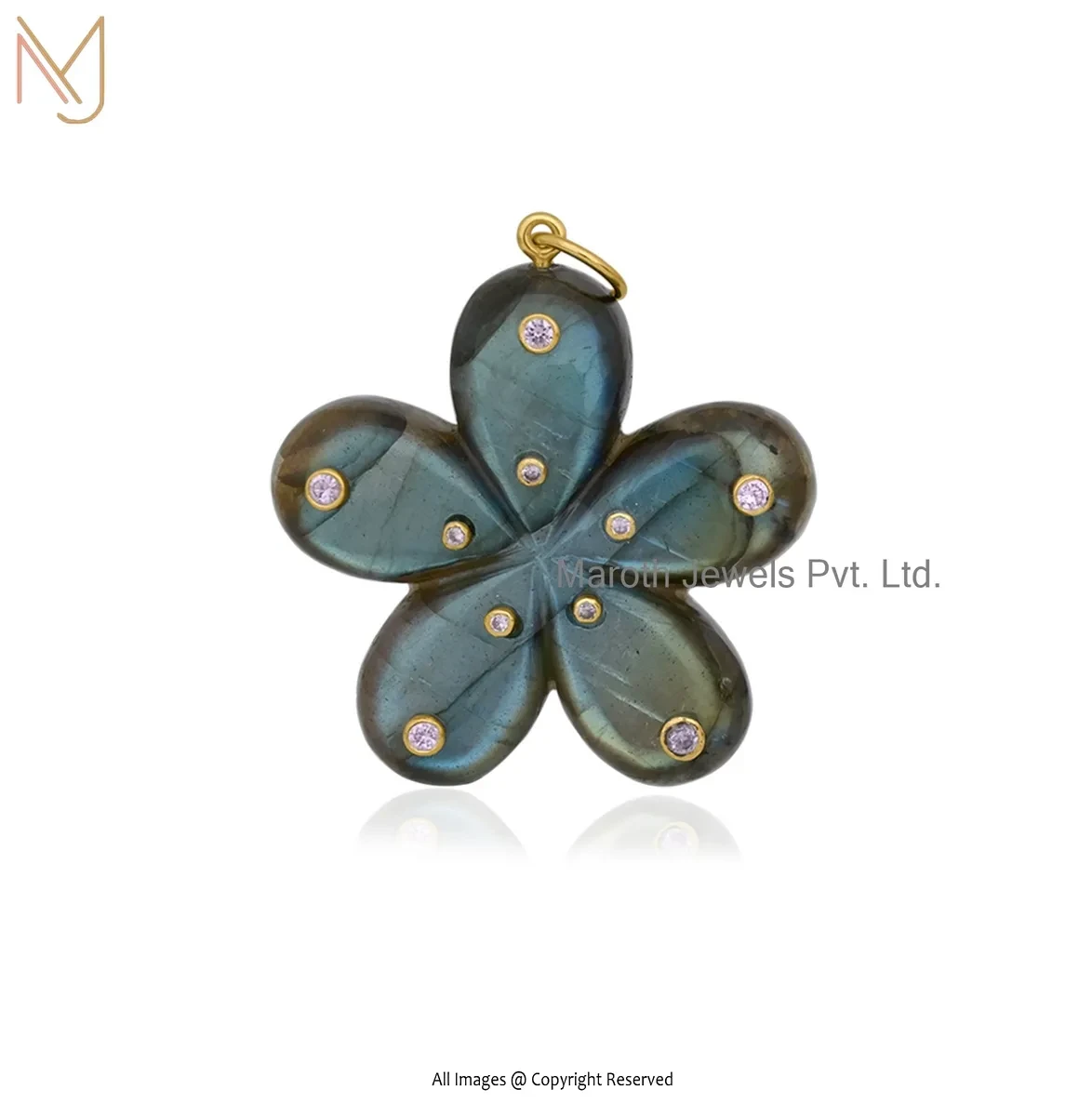 Private Lable 925 Sterling Silver Yellow Gold Plated Pink Opal And Ruby CZ Flower Pendant