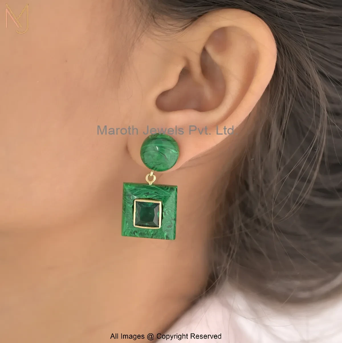925 Silver Yellow Gold Plated Green Cubic Zircon Malachite Gemstone Square Drop Earrings USA
