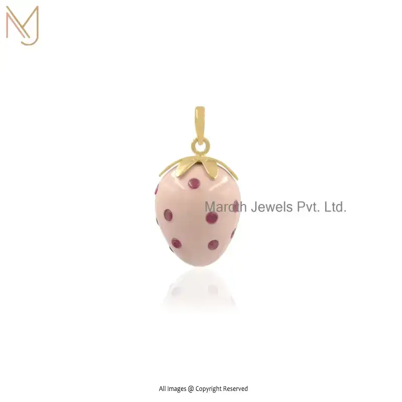 Wholesale 925 Silver Yellow Gold Plated Pink Opal & Garnets Gemstone Strawberry Pendant