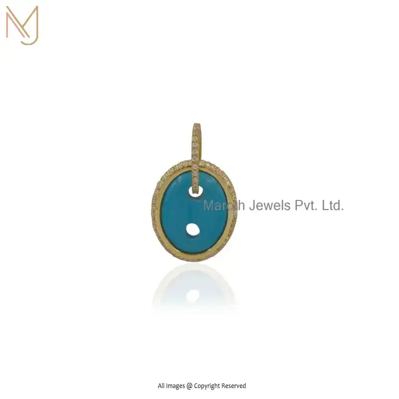 925 Silver Yellow Gold Plated Turquoise & Cubic Zircon Mariner Diamond Link Charm Custom Jewelry