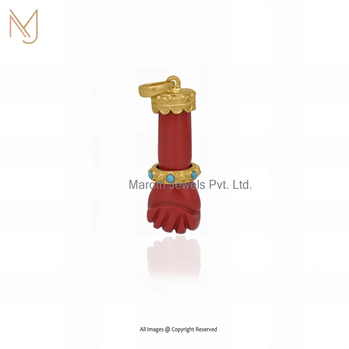 14K Rose Gold Turquoise & Orange Coral Gemstone Figa Charm Pendant USA